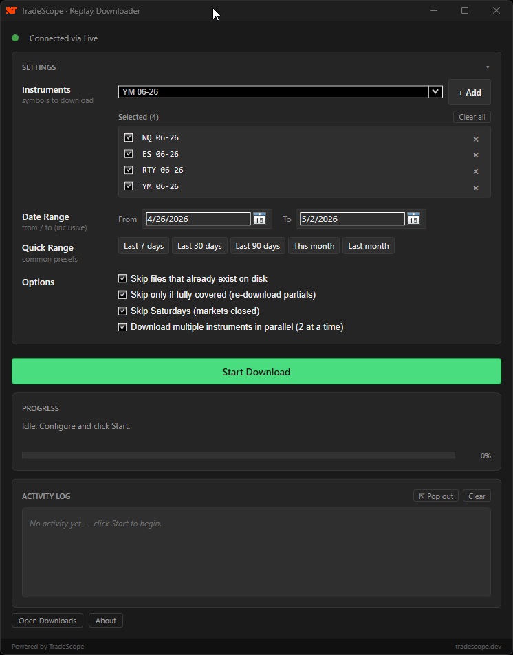 Replay Downloader bulk-downloading market replay data for multiple NinjaTrader instruments in parallel