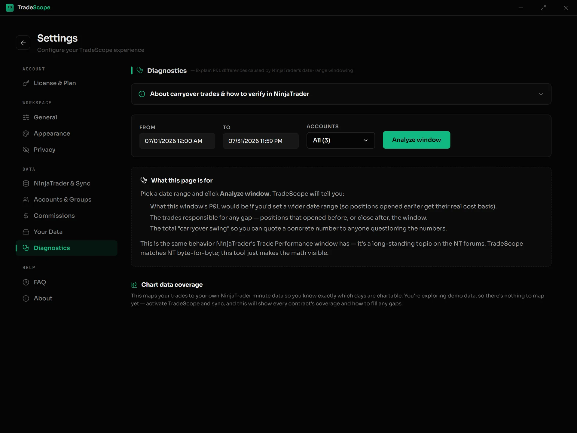 Settings Diagnostics page with the carryover analyzer and Chart data coverage section