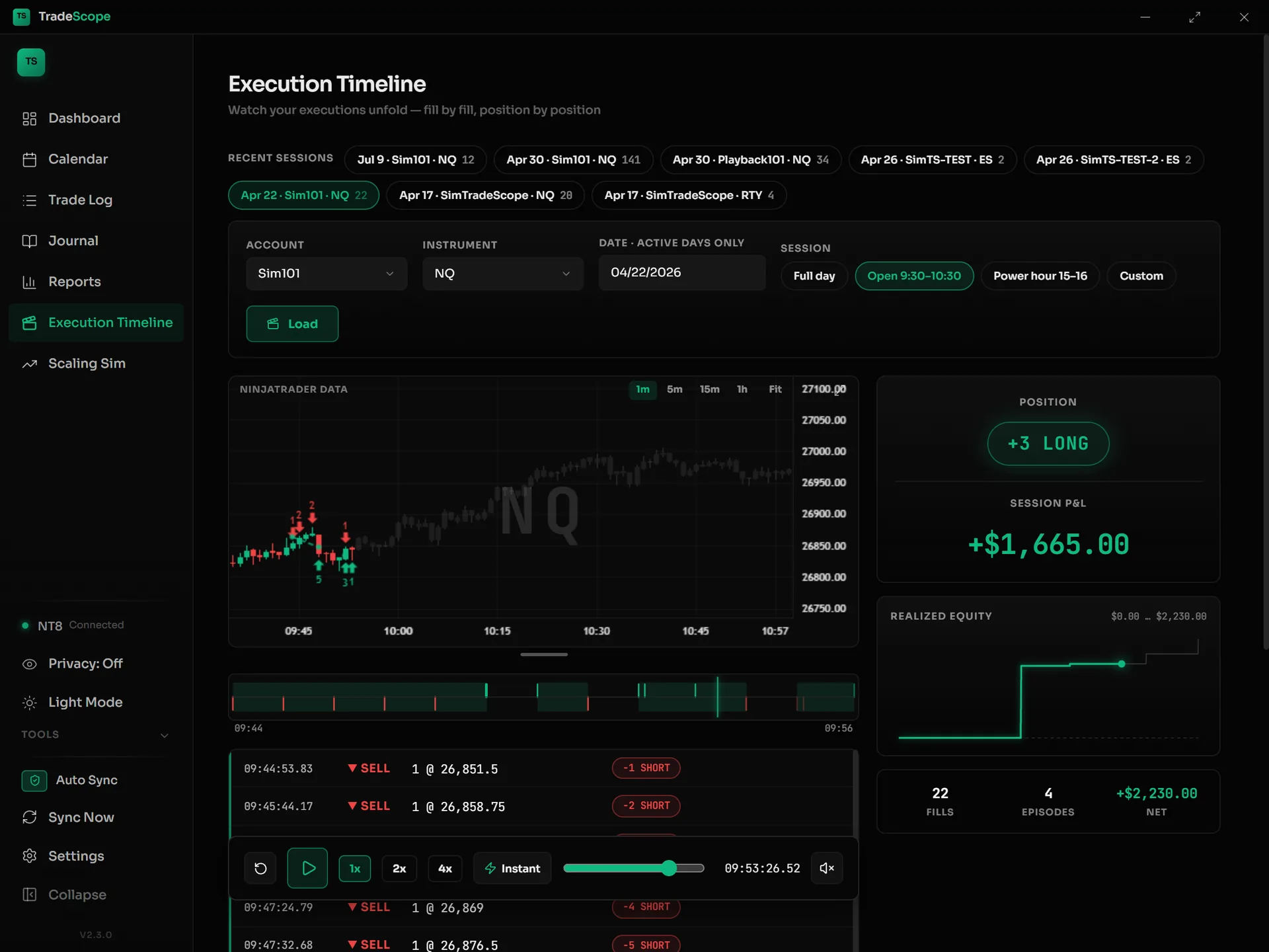 Session Replay — candlestick chart with execution markers and a live position HUD