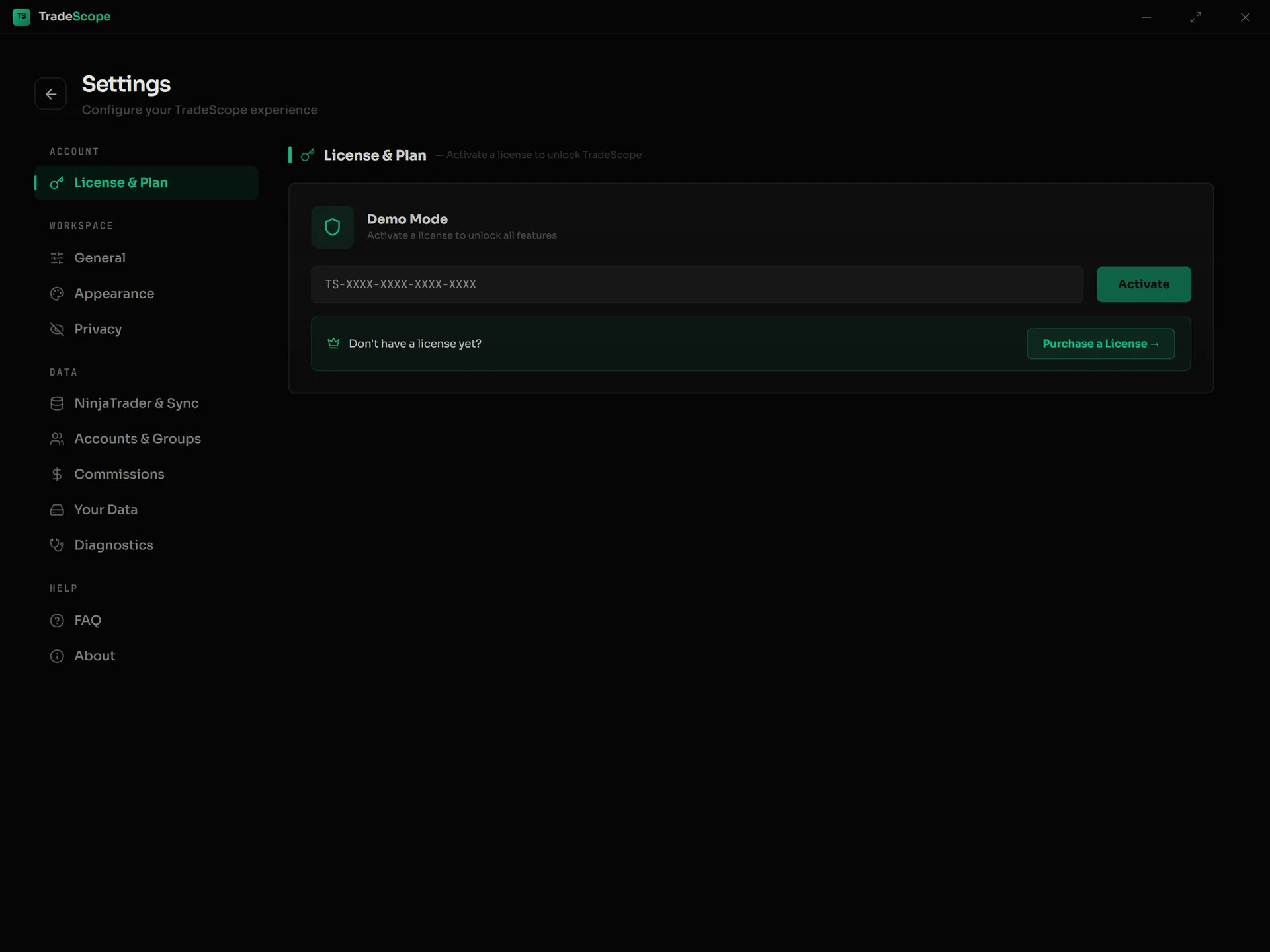 Settings, License and Plan page — license key field with Activate button