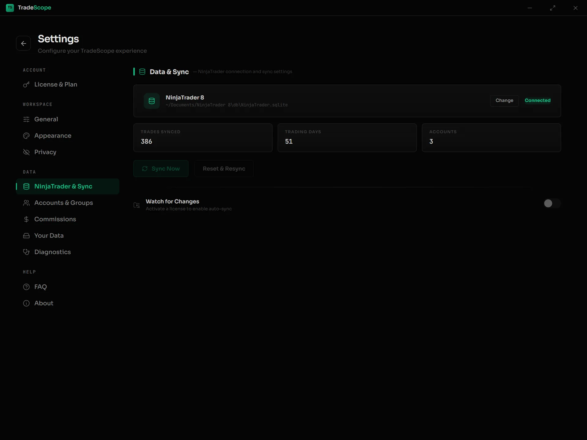 Settings, NinjaTrader and Sync page — connected database path, trades synced, and the Sync Now button
