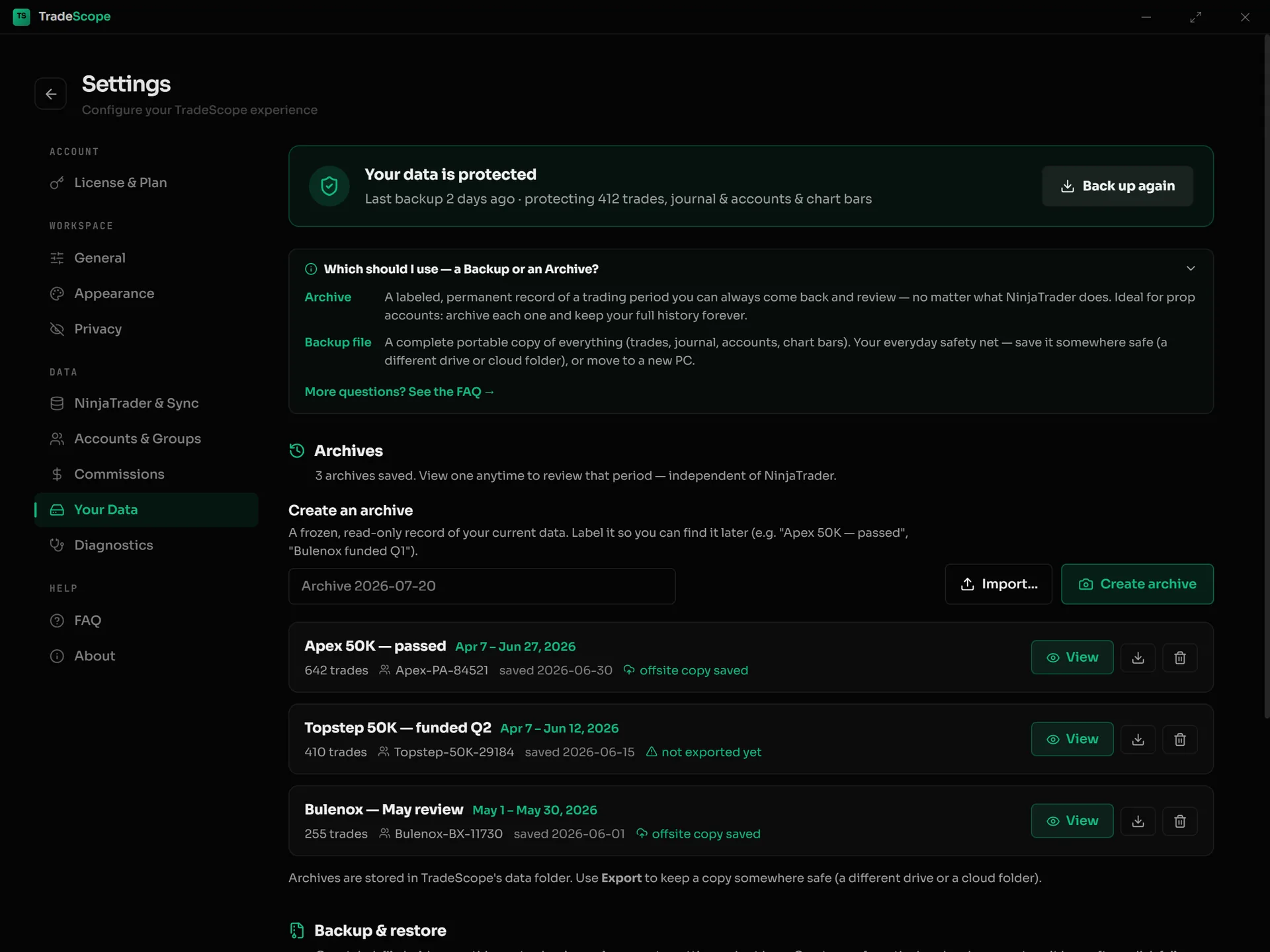 Settings Your Data page — backup status card, archive list with export badges, and Create archive