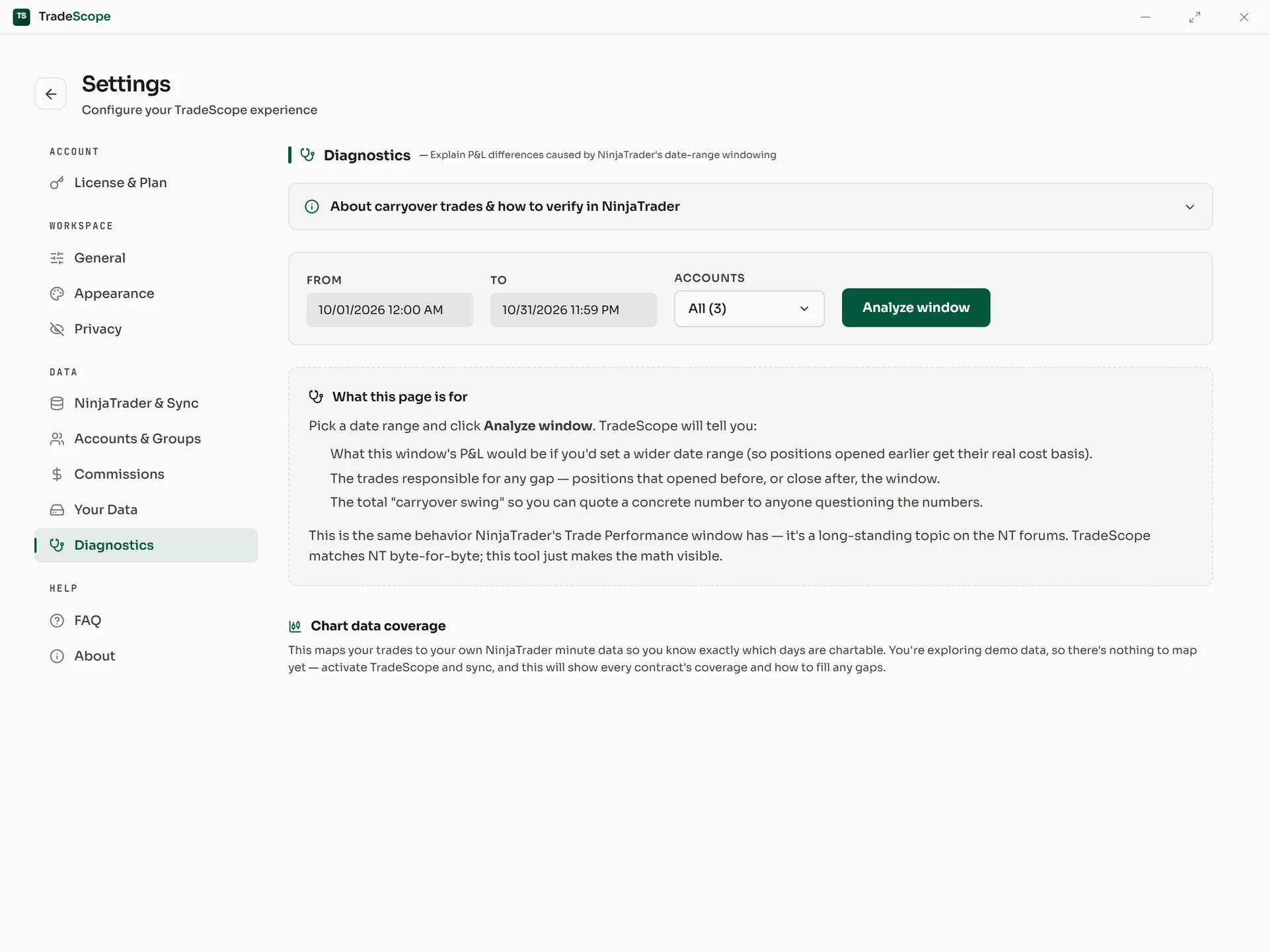 Chart data coverage in Settings, Diagnostics
