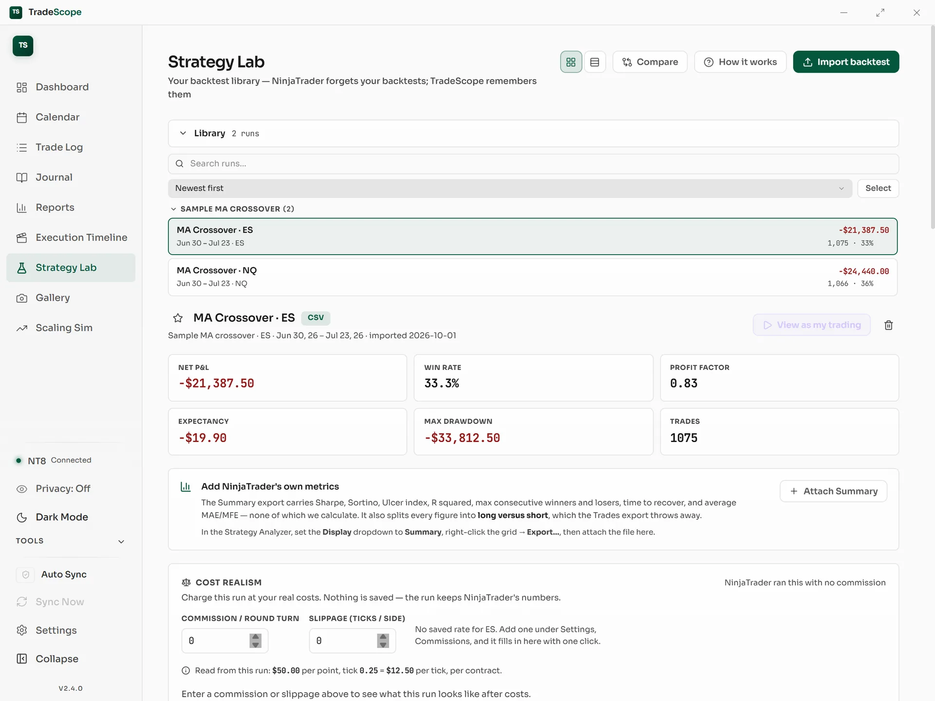 The Strategy Lab library with two backtests